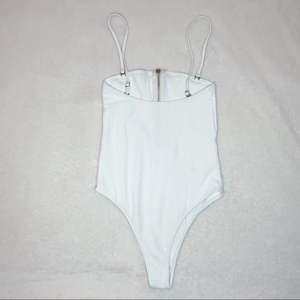 Frankie's Bikinis Flash White Zip Up‎ Ribbed One Piece Swim Suit